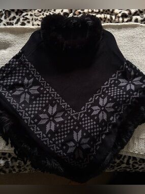 Black Nordic Pattern Faux Fur-Trim Poncho Sweater